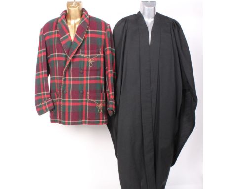 A 1940s red and green checked smoking jacket; a J Wippell &amp; Co. graduation gown and cap, a vintage morning suit, a dress 