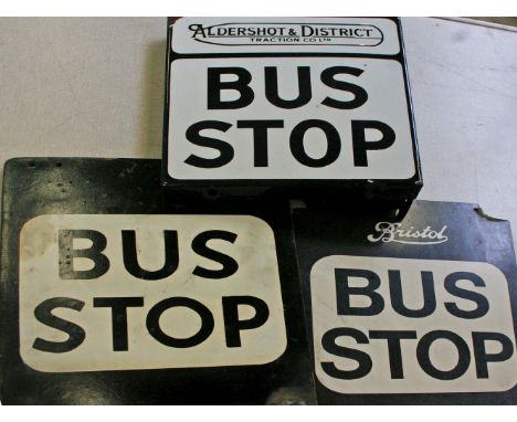 Aldershot &amp; District enamel bus stop sign, with two fibreboard bus stop signs