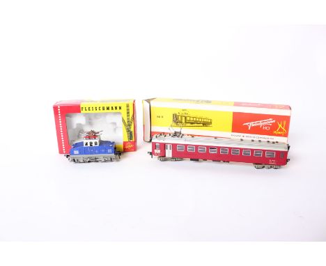 A Fleischmann HO 1302G DB overhead electric train  E69-02 in blue 2 rail DC  in original box together with a Fleischmann HO 1