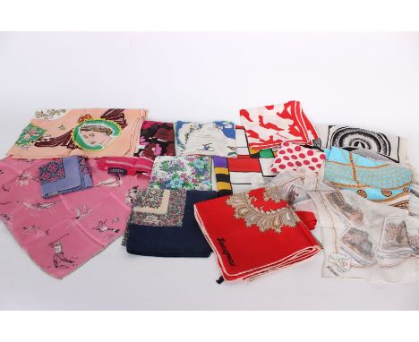 A collection of ladies scarves, to include a 1950s Jacqmar silk hunting pattern scarf, a 1950s crepe Coronation souvenir scar