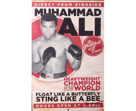 'Float Like a Butterfly, Sting Like a Bee', a framed Muhammad Ali print, 59.5 x 91cm