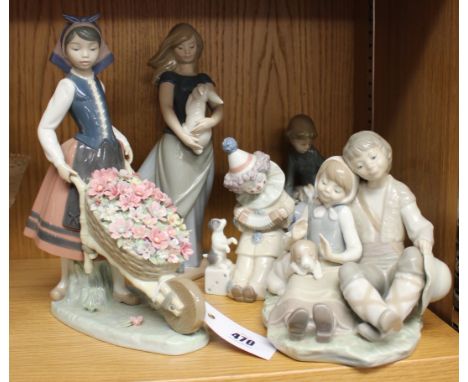 Lladro 'A basket of blossoms' 1419, 'Boy Pierrot with concertina and puppy' 5279, a further Lladro couple sitting with puppy 