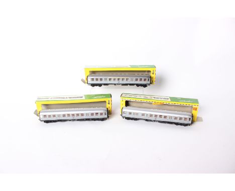Three Fleischmann 1508 HO Vintage DB Passenger Carriages, grey all in original boxes. 