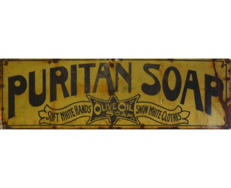 An enamel advertising sign of Art influence promoting 'Puritan Soap' on a yellow ground, by Mason &amp; Jacob, Cardiff 150cm 