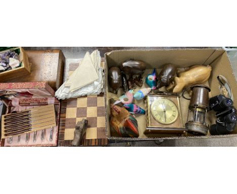 METAMEC MANTEL CLOCK, treen ornaments, miner's lamp, cutlery, workbox ETC