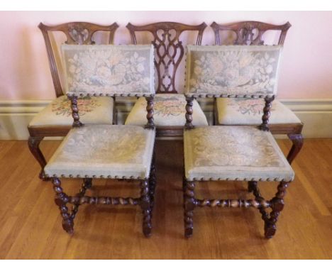 ANTIQUE MAHOGANY &amp; BARLEY TWIST OAK HALL/SALON CHAIRS, (3 + 2), the mahogany examples Chippendale style with entwined car