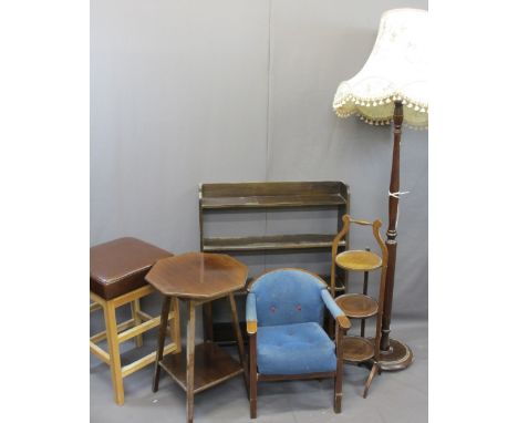 VINTAGE &amp; LATER FURNITURE PARCEL, six items including a mahogany reeded standard lamp with shade, three-tier folding cake