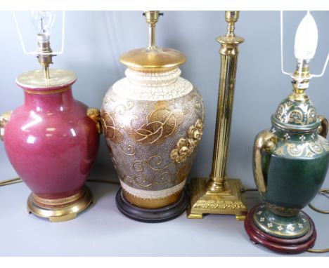 FANCY TABLE LAMPS (3) with shades and a brass Corinthian column style table lamp