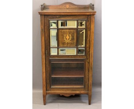 CIRCA 1900 INLAID ROSEWOOD MUSIC CABINET having a three rail galleried top, bevelled edged mirror and lower glazed panel sing
