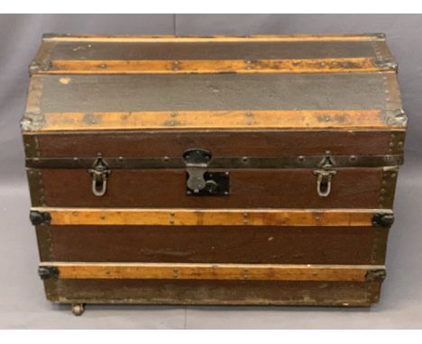 DOME TOP TRUNK, wooden banded, on castors, metal cuppings and handles, 58cms H, 78cms W, 47cms D