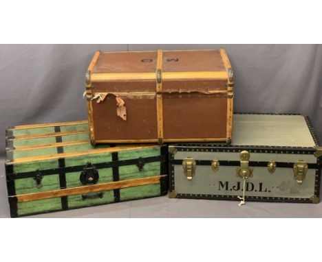 THREE VINTAGE STEAMER TRUNKS including a wooden banded example, 42.5cms H, 76cms W, 52cms D and two metal strapped examples, 