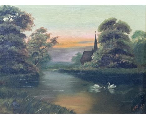 OIL ON CANVAS - river and treescape scene with two swans to the foreground, signed 'C M N 1916', 50 x 75cms