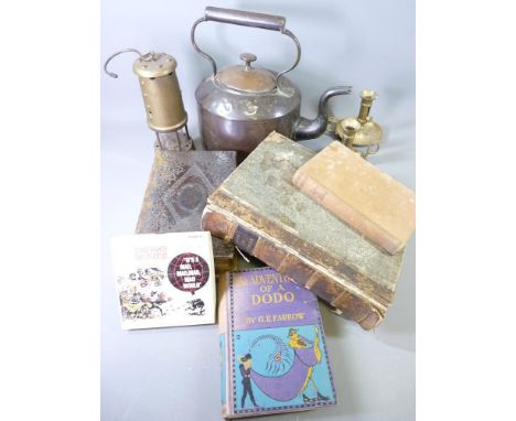 HIGHLANDS TALL MANTEL CLOCK, copper kettle, a pair of brass candleholders and a Welsh miner's lamp, Bibles, 'The Adventures o