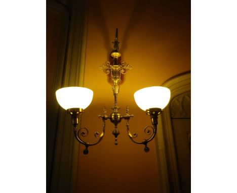 GOOD SET OF SIX BRACKET WALL LIGHTS, reproduction brass and silvered metal, Rococo style with twin lamp arms, 87cms overall L