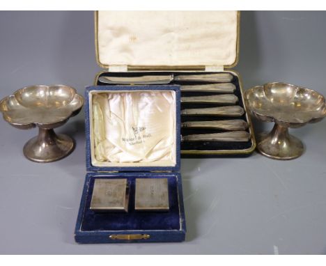SILVER BONBON DISHES, Art Deco napkin rings and a cased set of six silver handled knives, the sweetmeat dishes in Lily pad fo