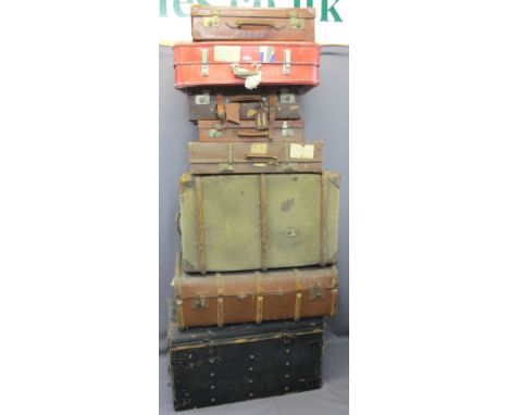 GOOD VINTAGE LUGGAGE PARCEL consisting of two steamer trunks, 52cms H, 91.5cms W, 51cms D the largest, a wooden banded trunk,