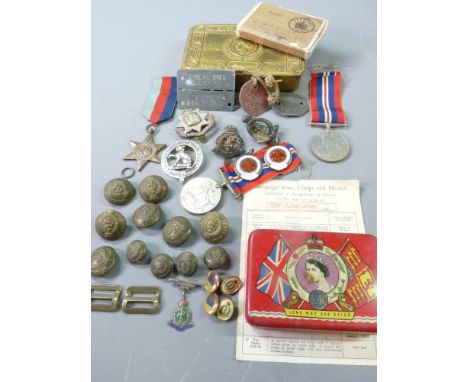 WWI &amp; II MEMORABILIA including an unmarked WWII medals, pair in original posting box to W R Gough, dog tags to 7366581 W 