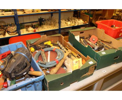 Boxes of hand tools, scythes, garden tools, etc