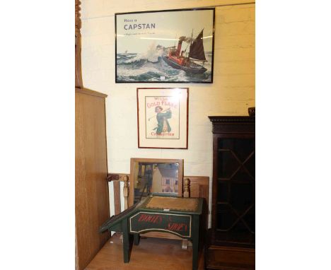 Victorian oak hall chair, mahogany plant stand, standard lamp, barometer, shoe shine stool, two framed advert prints (7)