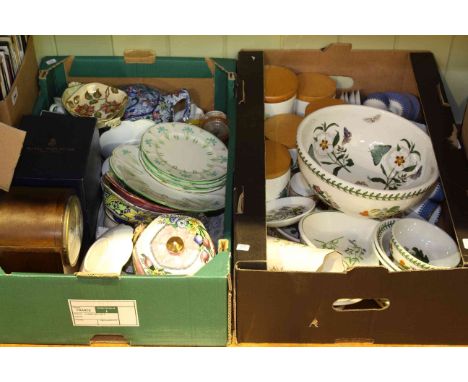 Two boxes of Portmeirion, Maling biscuit barrel, mantel clock, Wedgwood coffee cans and saucers, etc