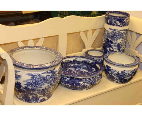 Collection of blue and white including stick stand, three jardinieres, two bowls and vase