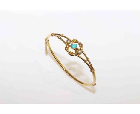 Victorian 18 carat gold, turquoise and pearl bangle, 14 grams, widest point 7cm