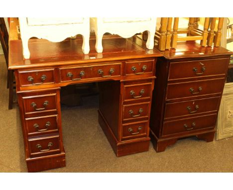 Mahogany eight drawer pedestal desk and matching two drawer filing cabinet