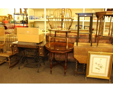 Antique Windsor elbow chair, oak gate leg dining table, three occasional tables, treadle sewing machine, rocking chair, wall 