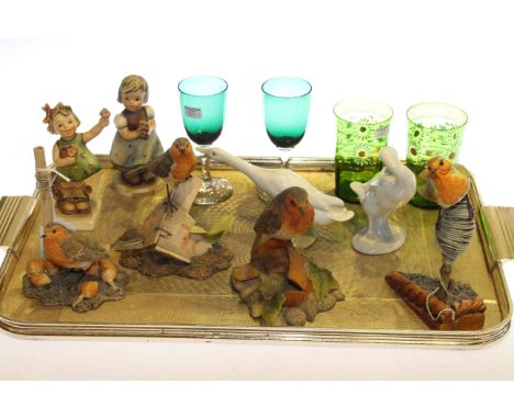 Four Border Fine Arts birds, two Lladro geese, two Hummel figures and two pairs of Victorian glasses