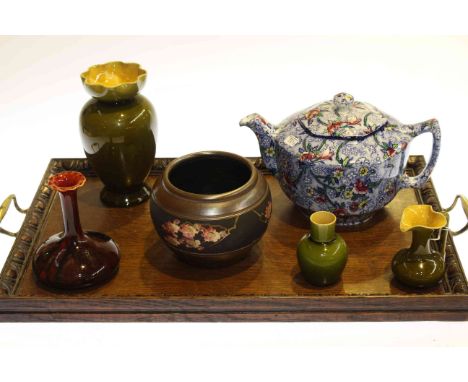 Linthorpe pottery vases, jug, Bretby bowl and Ringtons teapot