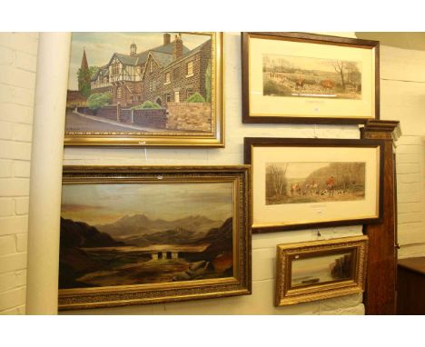 Pair hunting prints, Off to the Meet and Homewards, and three framed paintings (5)