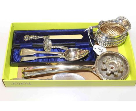 Georgian silver caddy spoon, silver cream jug, two silver spoons, etc