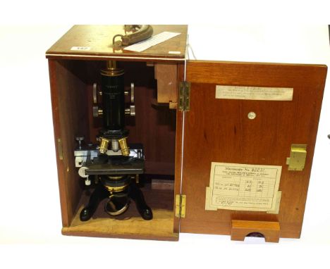1937 black enamel and brass monocular microscope 'Service' by W. Watson & Sons Ltd London, in mahogany case