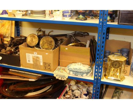 Assorted wood tools, metalwares, Wedgwood china, three clocks, etc