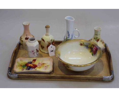 Royal Worcester fruit painted trinket tray signed K. Blake, rose painted bowl signed M. Hunt and four pieces of Palissy and o