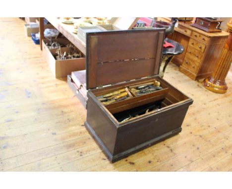 Victorian pine tool trunk and carpentry tools