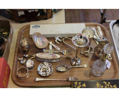 Good collection of silver small items including trumps indicator, mother of pearl ring holder, flatware, jugs, beaker, scent 