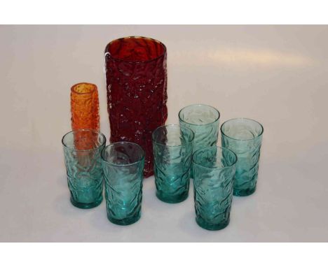 Whitefriars Geoffrey Baxter red bark vase (8in), tangerine finger vase and six light blue bark style tumblers