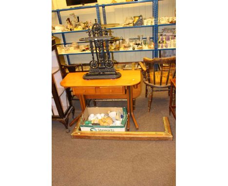 Cast iron stick stand, copper and brass fender, teak two drawer drop side table and box of china including Sylvac