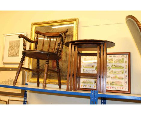 Victorian Ibex elbow chair, nest of three mahogany tables, gilt framed religious needlework and Alderson print of Croft on Te