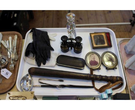 Tray lot with Victorian truncheon, tody ladle, old photographs, etc