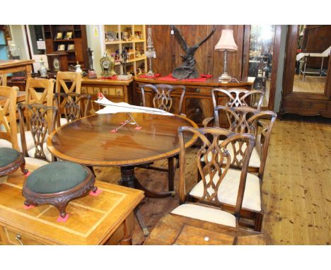 Rackstraw mahogany crossbanded shaped front sideboard, circular extending pedestal dining table and leaf and six Chippendale 