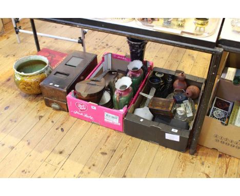 Two boxes of vases, mandolin, barometer, cash drawer, jardiniere, books, etc