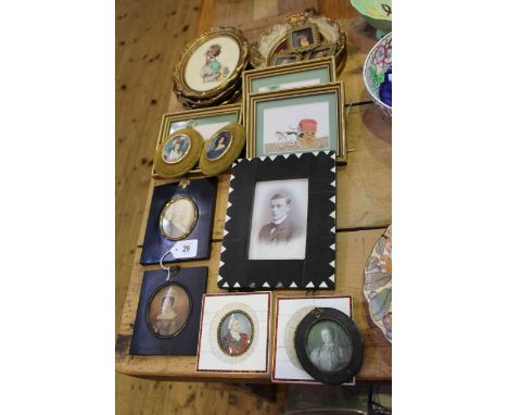 Two antique portrait miniatures, ebony framed easel photograph frame and collection of other miniatures and small pictures (e