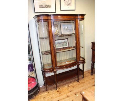 Edwardian inlaid mahogany shaped front single door vitrine on square tapering legs joined by conforming shelf, 125cm by 182.5