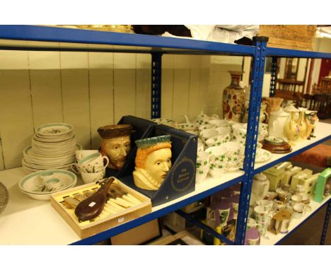 Colclough and Meakin tea sets, shot flask, two character jugs, Crown Devon John Peel jug, Sylvac sack jug, barometer, cutlery