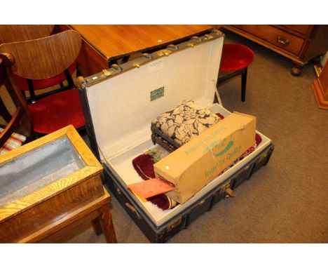 Vintage cabin trunk, wool rug, footstool and matchstick model of an aeroplane (4)