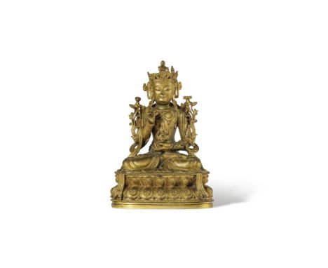 STATUETTE DE MANJUSHRI EN BRONZE DORÉDynastie Ming (1368-1644), XVIe siècleA GILT-BRONZE FIGURE OF MANJUSHRIMing Dynasty, 16t