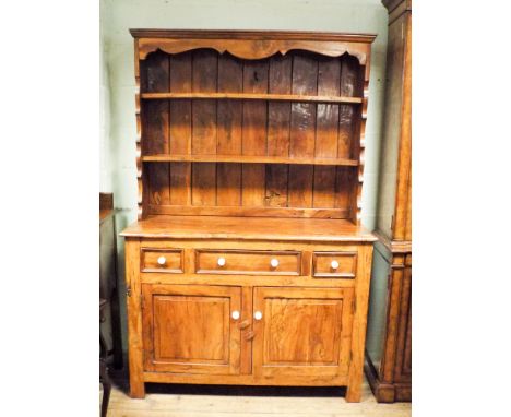 19th century elm farmhouse kitchen dresser, with later white ceramic handles. 76" high, 50 inches wide  Lovely colour