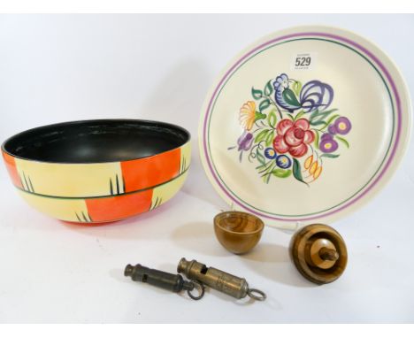 ARP whistles, treen egg shaped bobbin, Crown Devon Deco bowl, Poole Pottery plate etc 